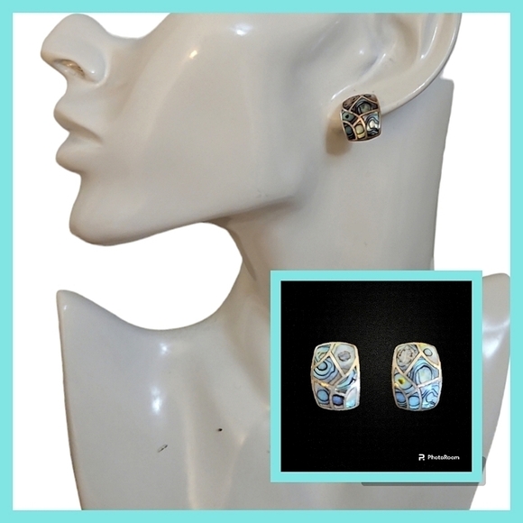 Sterling Silver 925 Abalone Shell Mosaic Post Earrings - Picture 1 of 6